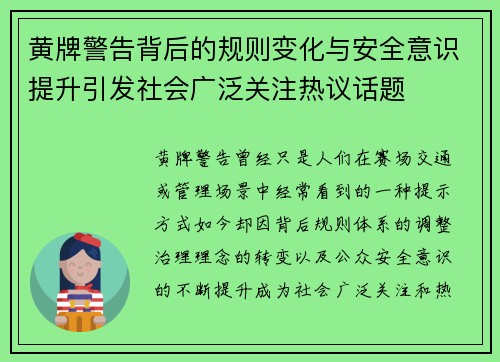 黄牌警告背后的规则变化与安全意识提升引发社会广泛关注热议话题 黄牌警告背后的规则变化与安全意识提升引发社会广泛关注热议话题